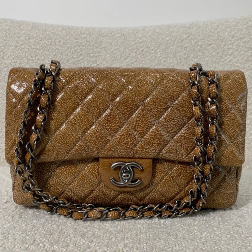 Authentic Chanel Crinkled Patent Quilted Medium Double Classic Flap Brown
